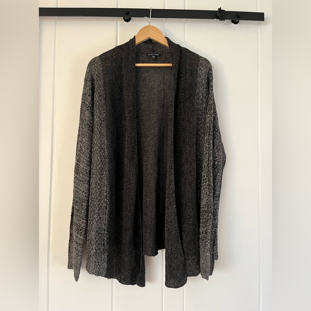 Eileen Fisher 100% Linen Dark Gray Open Front Cardigan Sweater Women's Size XL